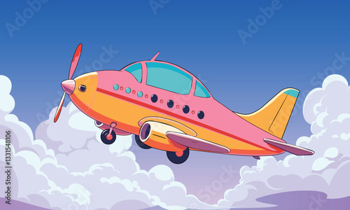 Vector illustration of an airplane in flight, showcasing its wings and sleek design against a blue sky. Perfect for travel, aviation, tourism, and international air transportation concepts.