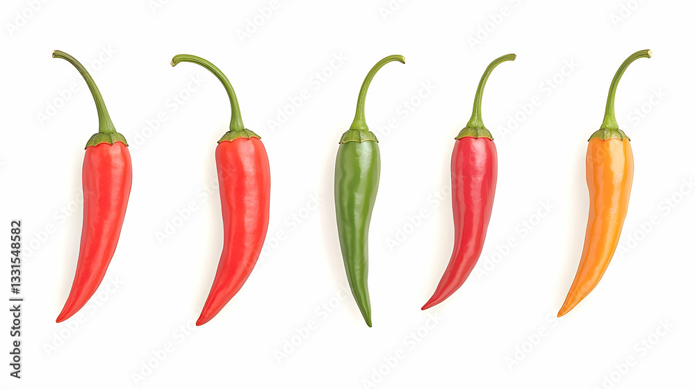 Colorful Array of Chili Peppers on White Background Colorful Array of Chili Peppers on White Background