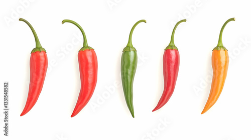 Colorful Array of Chili Peppers on White Background