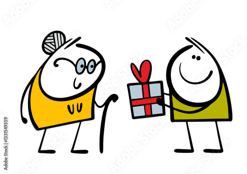 Boy holds a gift box and gives a surprise to an elderly woman with glasses. Vector illustration of a grandson or volunteer taking care of a grandmother. Cartoon character isolated on white background.