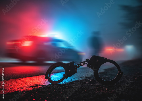 Silhouette of handcuffs with police car on the back. Image with flashing red and blue police lights on foggy background. Slider shot