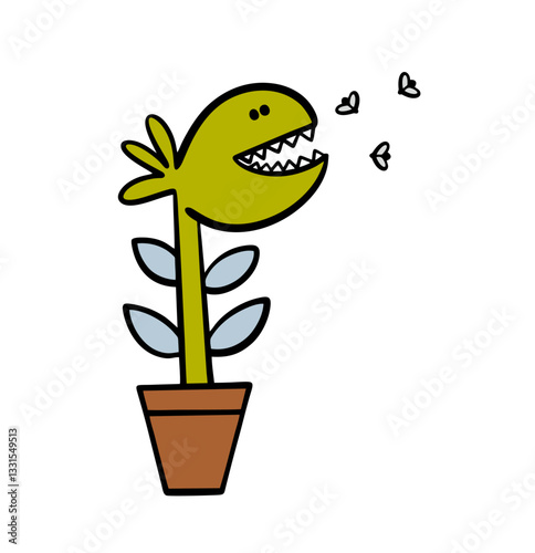 Predatory tropical plant catches flies at home. Vector illustration of an exotic potted flower and beetles. Cartoon funny character.