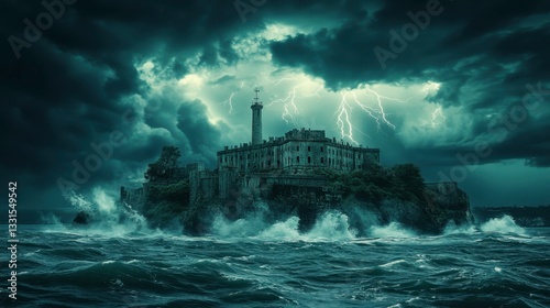 Stormy seascape with alcatraz island dramatic weather event ocean view dark atmosphere photography