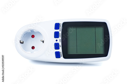 Digital wattmeter for power outlet . Power meter with LCD display . Isolated on a white background
