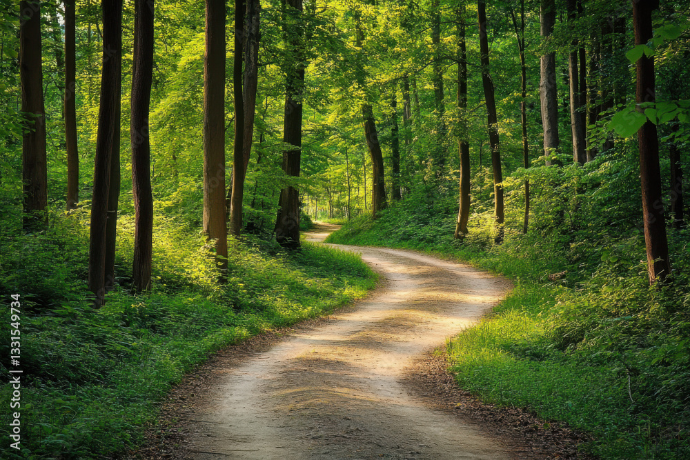 Fototapeta premium Winding dirt road through lush green forest in spring
