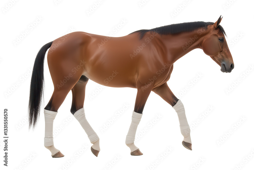 Fototapeta premium Realistic Brown Horse Walking with White Leg Wraps on Isolated Background