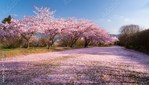 cherry blossom petals carpeting ground with delicate pink soft spring landscape
