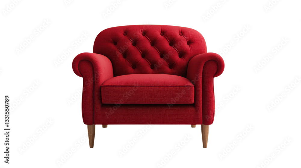 Bright red tufted armchair with wooden legs placed in a cozy living room setting Bright red tufted armchair with wooden legs placed in a cozy living room setting