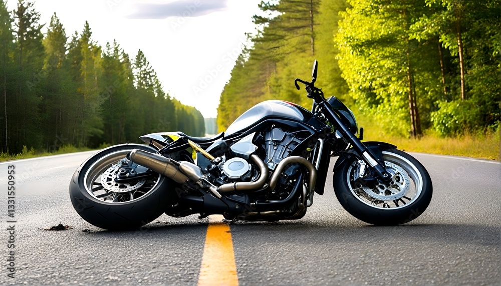 Obraz premium A black motorcycle is shown from two different angles on a road lined with trees.