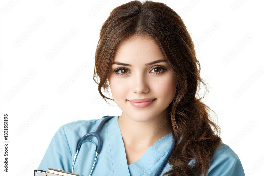 smiling nurse in blue scrubs holding clipboard and pen, isolated on white, Isolated design on white background smiling nurse in blue scrubs holding clipboard and pen, isolated on white, Isolated design on white background