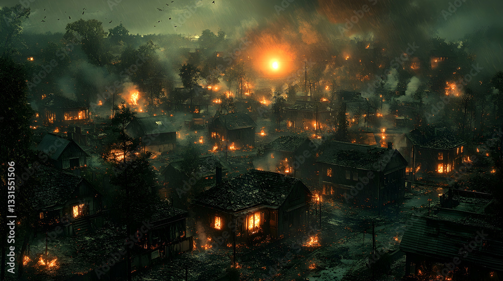 Naklejka premium Burning village, night
