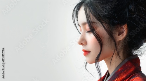 A woman with black hair and red lips, wearing a red kimono