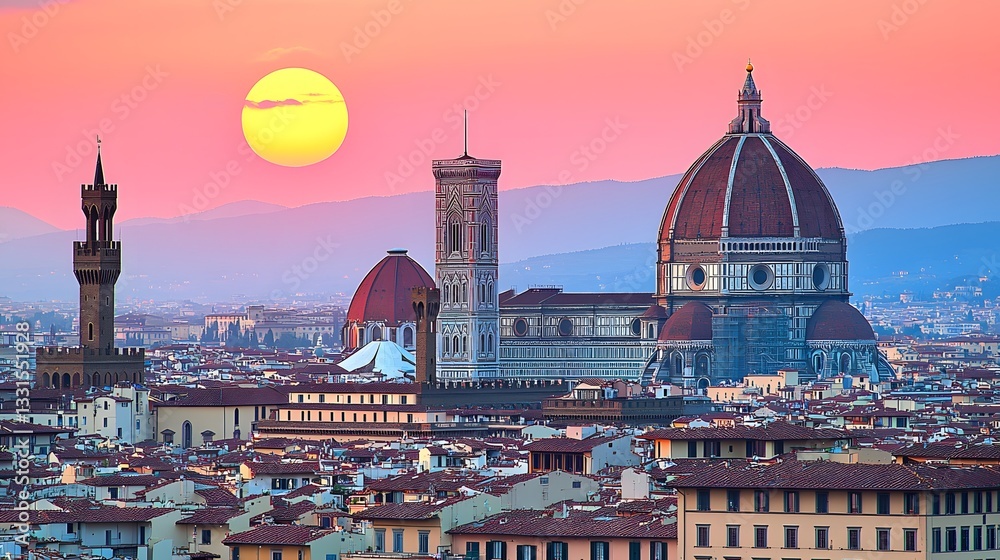 Naklejka premium Breathtaking Sunset Over Florence Skyline with Historical Architecture