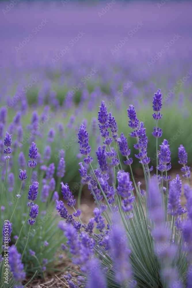 Obraz premium Lavish lavender fields bloom under soft sunlight during late spring in a tranquil countryside setting