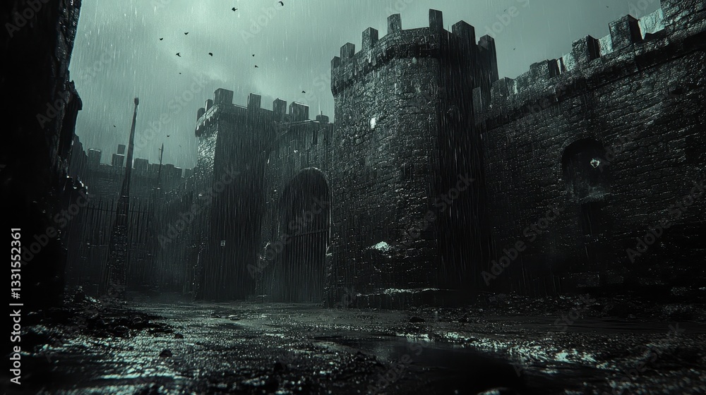 Fototapeta premium Rainy night scene of an ancient castle wall dark and moody atmosphere urban landscape low angle view