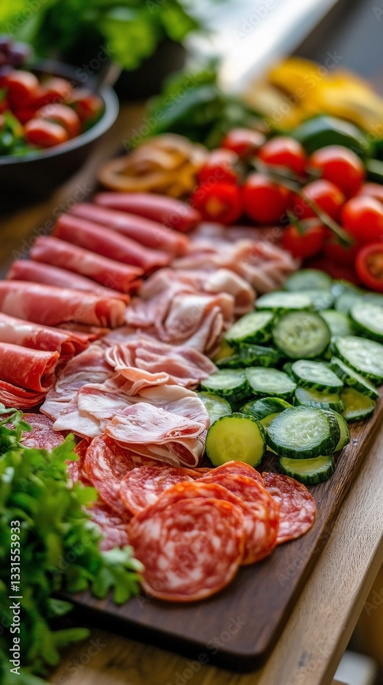 Gourmet cold cuts and sausages with vegetables on a wooden cutting board.