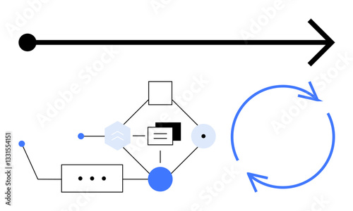 Black arrow representing direction, flowchart symbols showing process steps, blue circular arrows indicating iteration. Ideal for workflow, development, planning, optimization, efficiency