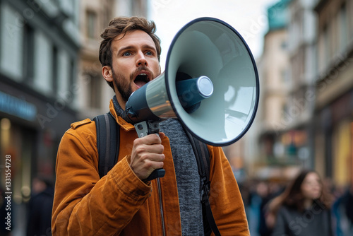 a man shouting into a megaphone on a street.