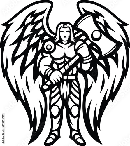 Modern and stylish paladin with wings or angel sword vector illustration, paladin with wings or angel sword silhouette and line art vector