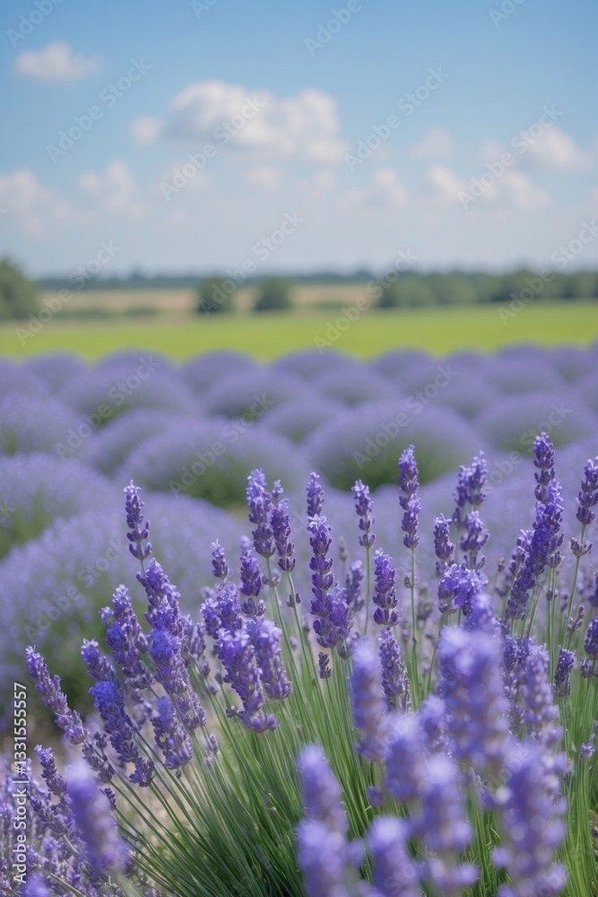 Fototapeta premium Lavender field blooming under a clear sky with gentle clouds in the background