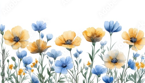Wallpaper Mural A row of watercolor wildflowers in vibrant yellow and blue hues Torontodigital.ca