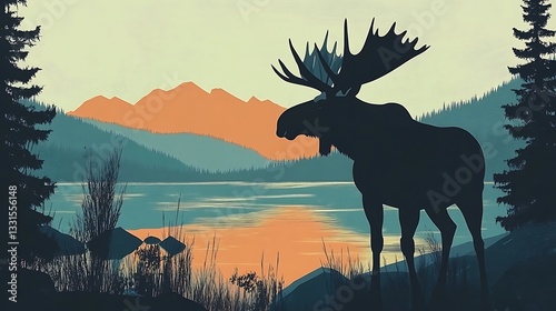 Silhouette moose standing lakeside with mountain, lake, and forest background art for nature use