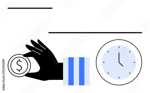 Black hand holding dollar coin, clock with minimal design. Ideal for finance, time management, savings, opportunity cost, productivity, investment workflow balance. Flat simple metaphor