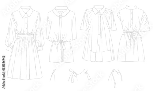 Drawstring Mini Shirt Dress Technical Vector Illustration - Multiple Collars and Sleeves