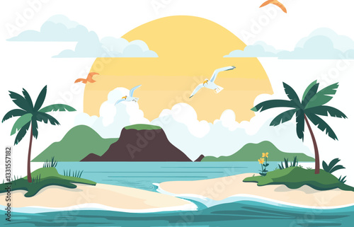Sunny Tropical Island with Palms and Seagulls in Minimalist Flat Vector Style
