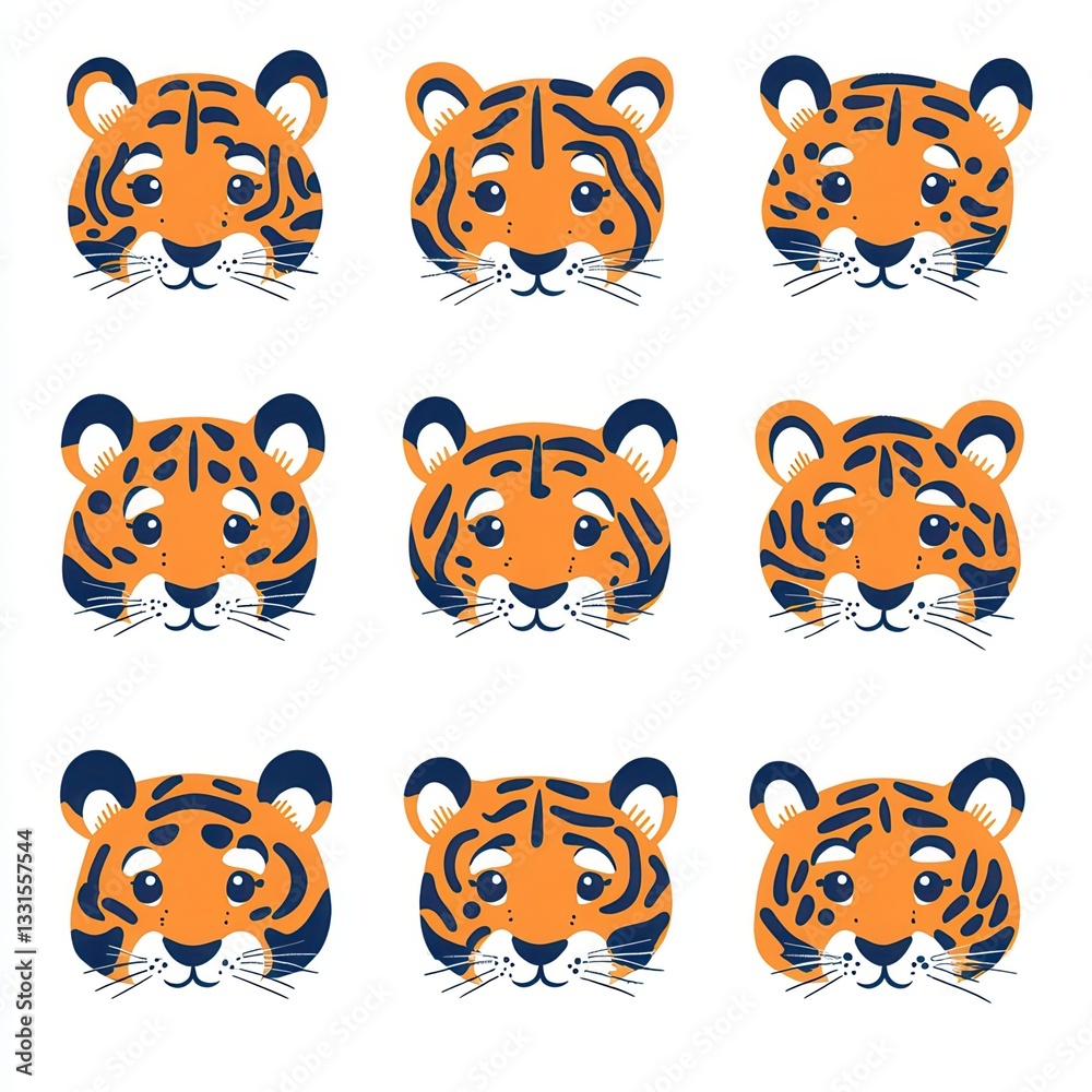 Fototapeta premium Whimsical Cartoon Tiger Faces – Playful 3x3 Grid Pattern