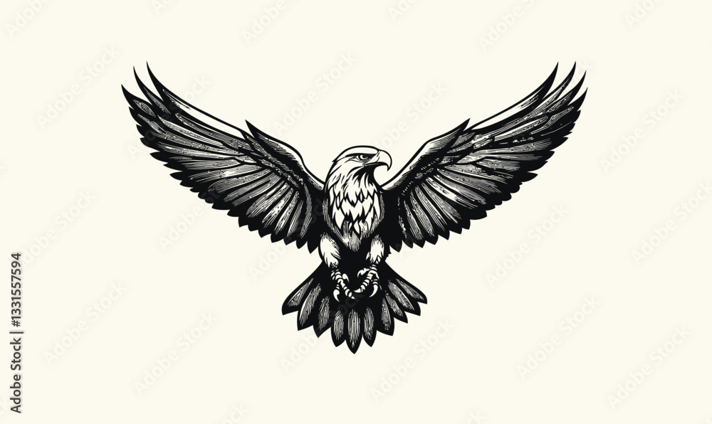 Fototapeta premium Engraved Flying Eagle Logo Mascot in Minimalist Vector Style