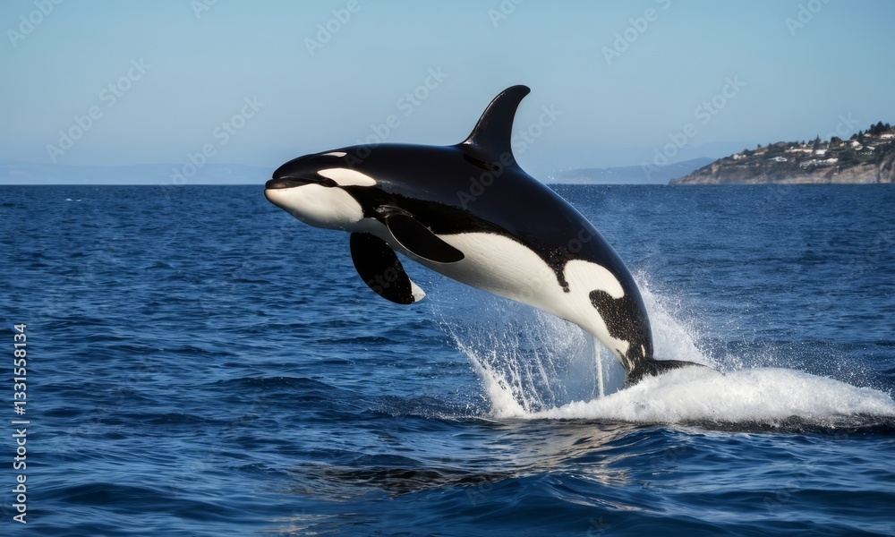 Obraz premium Spectacular Killer Whale Leaping Out of the Ocean Waters, Majestic Marine Mammal Display