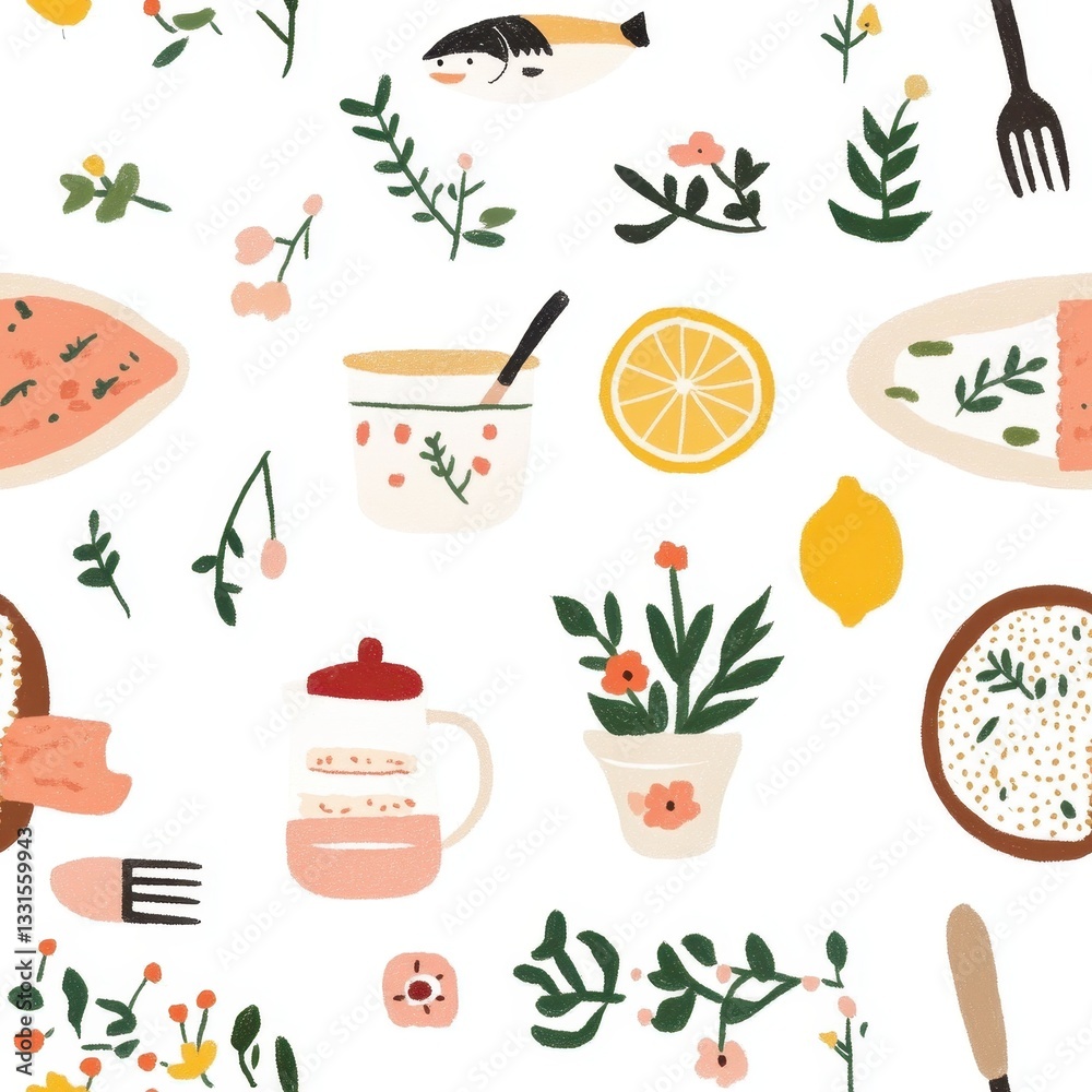 Seamless pattern featuring fish, rice, and lemon elegantly arranged on a plate, perfect for culinary designs. Seamless pattern featuring fish, rice, and lemon elegantly arranged on a plate, perfect for culinary designs.