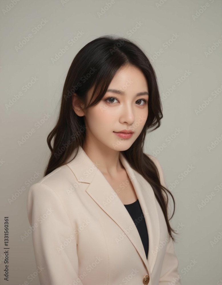 A woman with long dark hair, wearing a blazer, poses against a plain background.  She has a gentle expression and is looking directly at the camera in a studio setting.