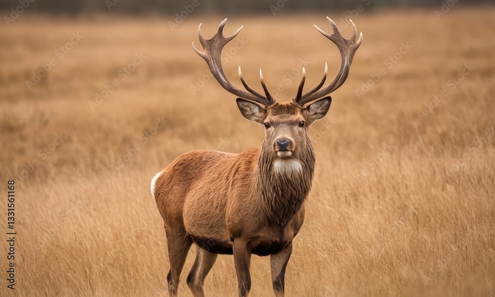 Fototapeta premium Majestic Stag Standing Tall in Golden Meadow, Capturing the Essence of Wildlife Beauty