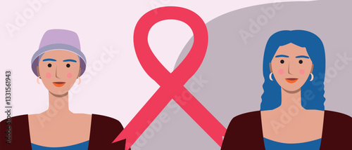 Cancer patients silhouettes and cancer ribbon, silhouette vector stock illustration with unidentifiable people together as a template with space for text or copy space