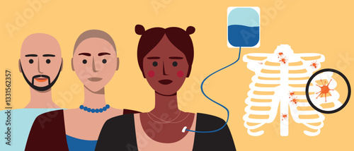 Cancer patients silhouettes and cancer ribbon, silhouette vector stock illustration with unidentifiable people together as a template with space for text or copy space