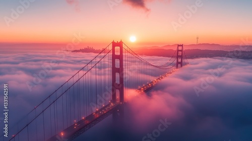 Golden gate bridge sunset over fog san francisco aerial photography cityscape dramatic view scenic beauty