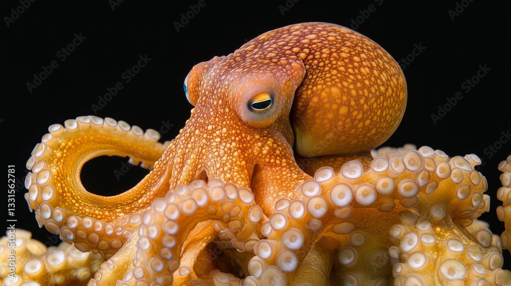 Obraz premium Vibrant Octopus Portrait Close-Up On A Cephalopod Against Black, Marine Life Photography