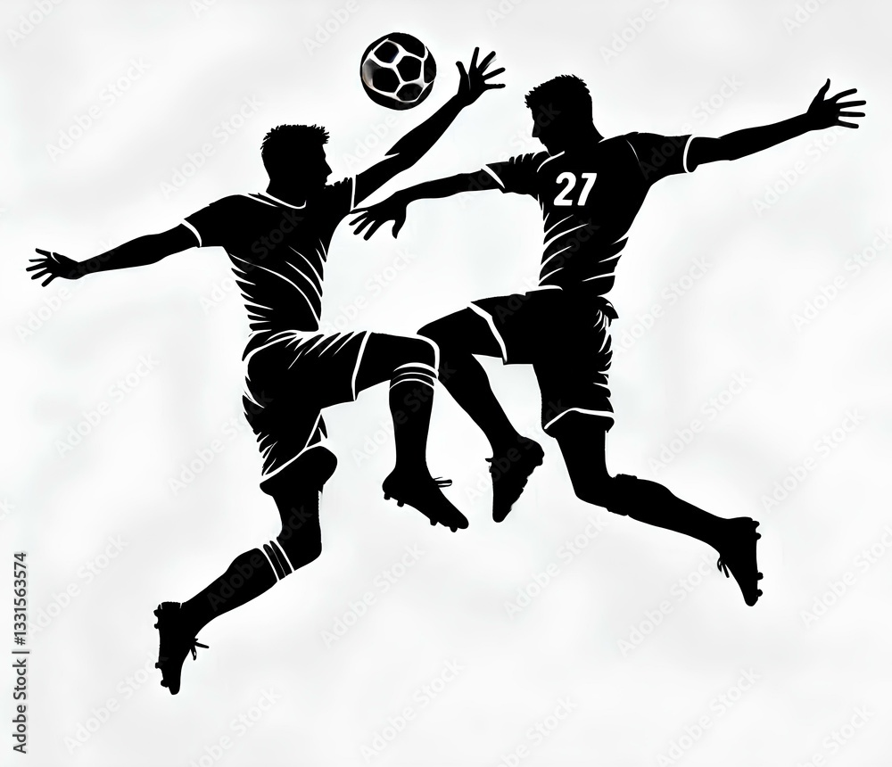 Obraz premium Leaping into the Sky: Two Soccer Players in Silhouette Going for the Ball