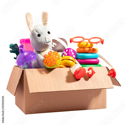 Toys for children in a box ready for donation isolated. Concept of toys donations, charity for children