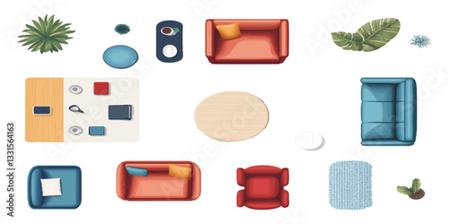 Top-view flat vector illustration of interior design elements set, office furniture, and decor isolated on a white background with a clipping path.