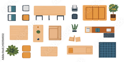 Top-view flat vector illustration of interior design elements set, office furniture, and decor isolated on a white background with a clipping path.
