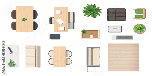 Top-view flat vector illustration of interior design elements set, office furniture, and decor isolated on a white background with a clipping path.