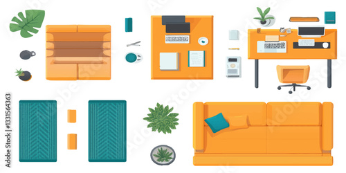 Top-view flat vector illustration of interior design elements set, office furniture, and decor isolated on a white background with a clipping path.