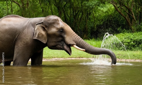 Majestic Asian Elephant Splashing Water in a Lush Green Natural Habitat photo