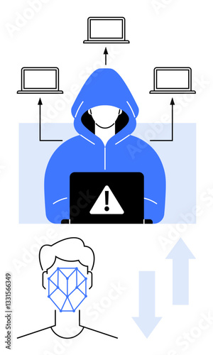 Hacker in hoodie accessing devices with warning sign on laptop. Face recognition below shows data transfer. Ideal for cyberattack, data security, identity protection, AI, privacy, technology, hacking