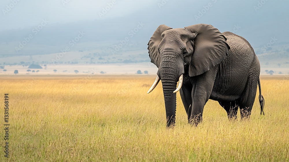 Majestic African Elephant in Serengeti Grassland Majestic African Elephant in Serengeti Grassland
