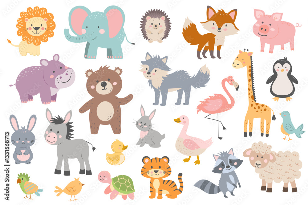 Fototapeta premium Cute animals set. Forest, farm, tropical animals