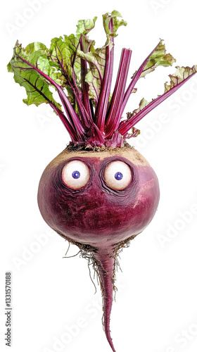 A quirky beetroot with googly eyes and vibrant green leaves. transparent background